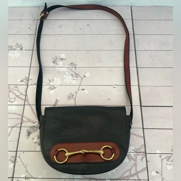 Vintage Black and Brown Crossbody Bag with Gold Accent - Picture 1 of 7